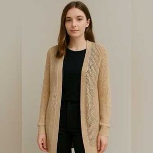 🕝 Sejour | Long Line Open Weave Cardi | Ribbed Cuffs | 100% Cotton | Beige | 0X